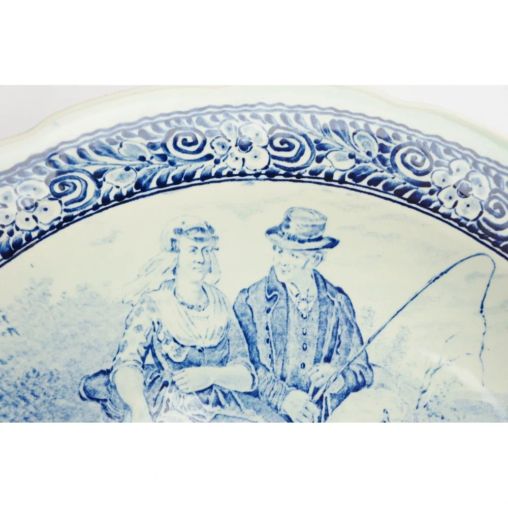 VGC Boch Freres Delfts Charger Plate Blue White Horse Carriage Scalloped Rim 16